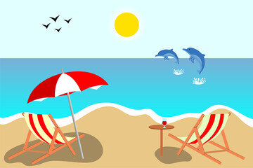 Fototapeta na wymiar Vector illustration of a summer sunny beach with sea and dolphins, seascape, natural landscape.