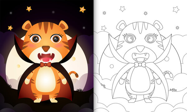 coloring book with a cute tiger using costume dracula halloween