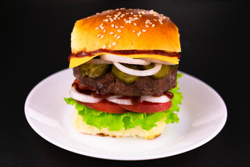 Big burger on a plate.
Close-up.