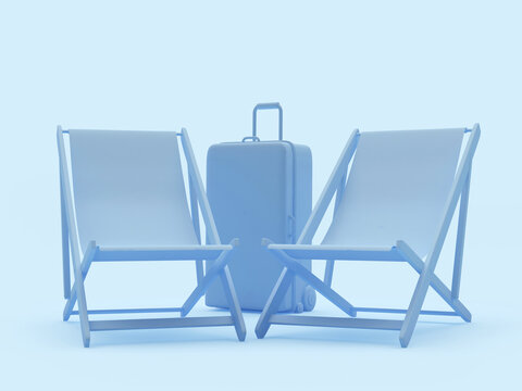 Two sun loungers and a travel suitcase in blue. 3d illustration 