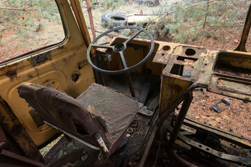 Cabin of old rusty bus