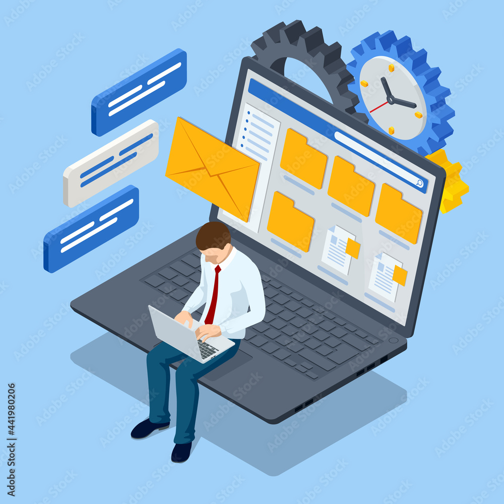 Poster isometric file in database concept. businessman working reading documents graph financial to job suc