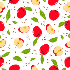Seamless pattern of red apples, apple slices, leaves and seeds on a white background. Vector drawing. - 441980478