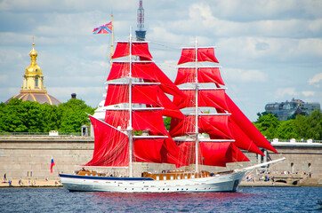 St. Petersburg, Russia - june 2021: A ship with scarlet sails on the Neva River