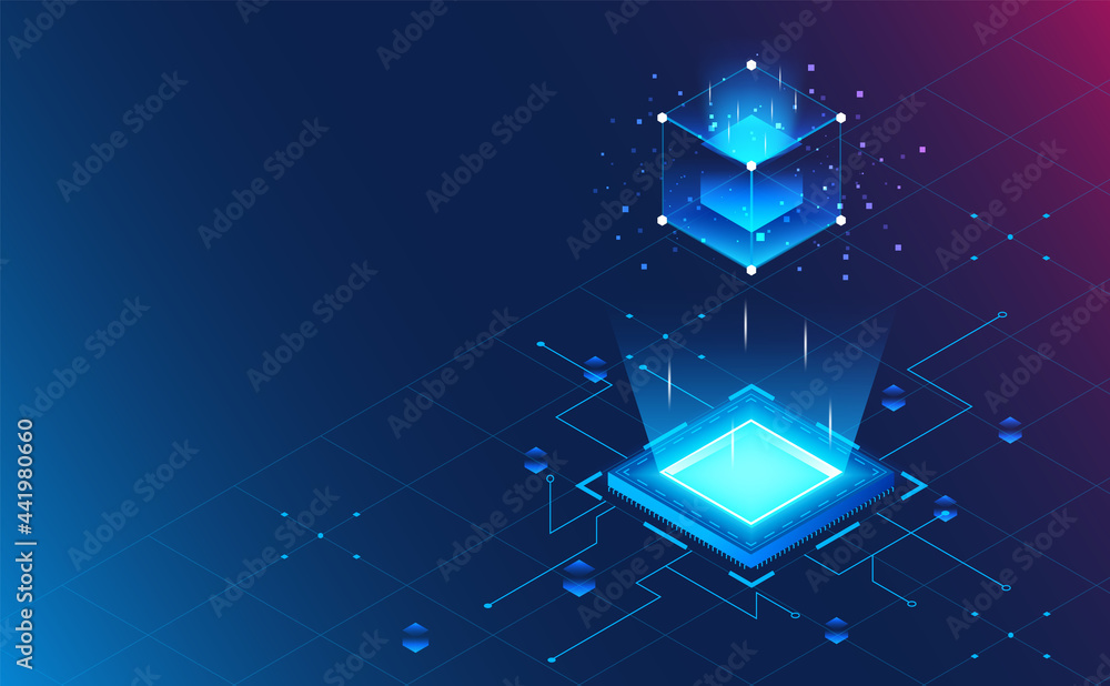 Poster isometric processor block chain on grid background.futuristic concept.vector and illustration