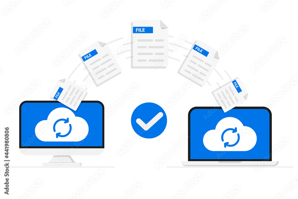Poster File Transfer. Remote loading Files and Folders. Two laptop computer exchanging data. Exchange Data with cloud technology. Files transferred encrypted form. Data encryption, protected connection