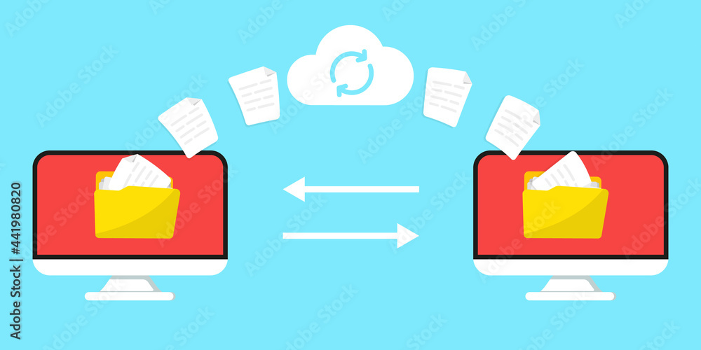 Poster File Transfer. Remote loading Files and Folders. Two laptop computer exchanging data. Exchange Data with cloud technology. Files transferred encrypted form. Data encryption, protected connection