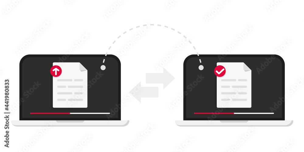 Poster Files transfer. Transfer file of data between devices. Transmission of documents between two computer. Backup of information. Exchange Data. Send of document. Data encryption, protected connection