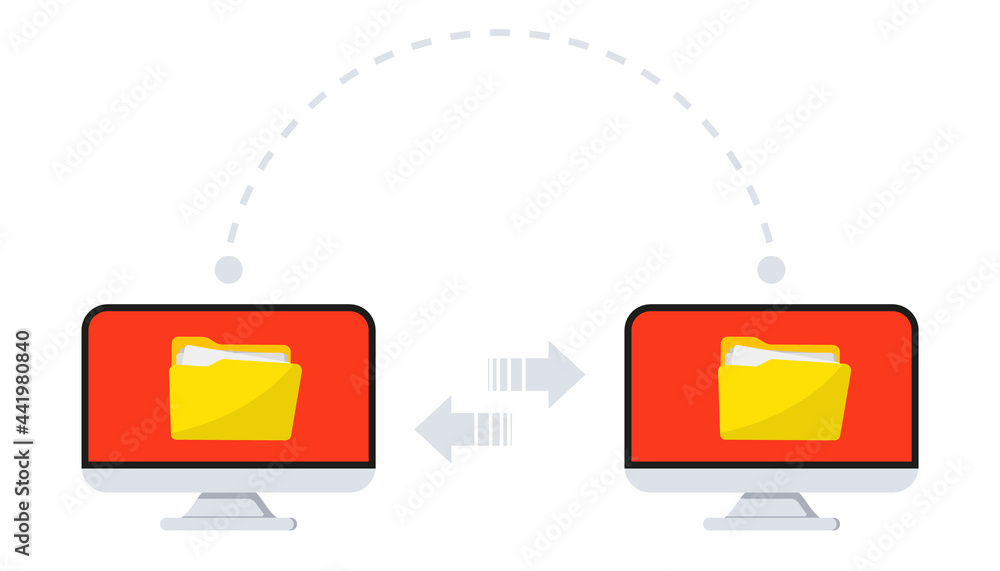 Fototapete Files transfer. Transfer file of data between devices. Transmission of documents between two computer. Backup of information. Exchange Data. Send of document. Data encryption, protected connection