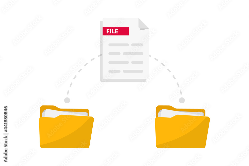 Poster Transfer file. Data exchange. Folders with paper files. File sharing, Copy. Transmission of documents. Remote loading Files and Folders. Data encryption, protected connection. Vector illustration