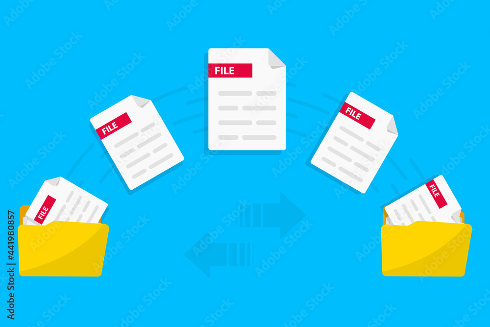 Aufkleber Transfer file. Data exchange. Folders with paper files. File sharing, Copy. Transmission of documents. Remote loading Files and Folders. Data encryption, protected connection. Vector illustration