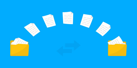 Transfer file. Data exchange. Folders with paper files. File sharing, Copy. Transmission of documents. Remote loading Files and Folders. Data encryption, protected connection. Vector illustration
