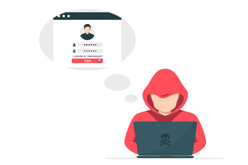 Hacker with laptop stealing user login. Hacker sitting at the desktop and hacking user personal data. Hacker attack and web security © SMUX
