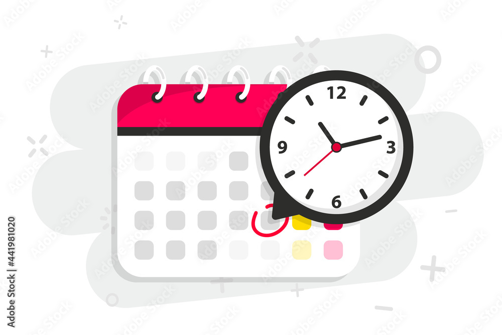 Poster Calendar icon with clock. Icon notice message with clock, agenda symbol with selected important day. Time appointment, reminder date concept, time management. Calendar deadline. Business concept