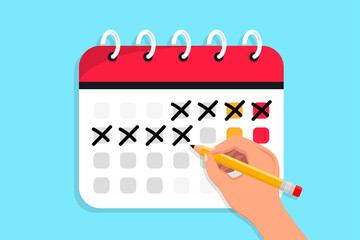 Hand holds a pen and draws a circle on calendar. Calendar icon. Deadline, mark dates, schedule, important dates, reminder time. Schedule of events on day, week, month and year. Time management