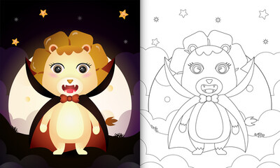 coloring book with a cute lion using costume dracula halloween