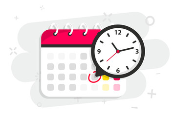 Calendar icon with clock. Icon notice message with clock, agenda symbol with selected important day. Time appointment, reminder date concept, time management. Calendar deadline. Business concept - obrazy, fototapety, plakaty
