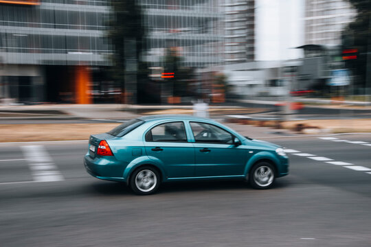 Ukraine, Kyiv - 27 June 2021: Green Chevrolet Aveo car moving on the street. Editorial