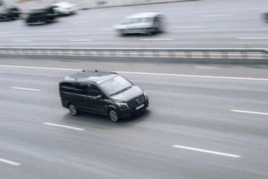 Ukraine, Kyiv - 27 June 2021: Black Mercedes-Benz Vito car moving on the street. Editorial