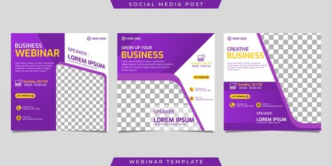 Creative design collection of social media story post templates on light purple and white gradient background. Great for business webinar, marketing webinar, online class program, etc.