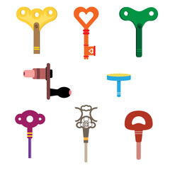 wind up key set cartoon isolated simple vector flat design style icon on white background or old toys isolated on white.