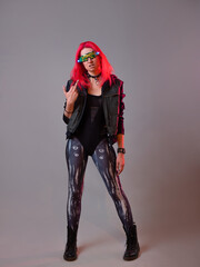 Futuristic techno bandit hacker, fantastic image, young woman with pink hair,