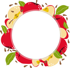 Round label with apples, apple leaves and slices on a white background. Background for inscriptions, price tags, labels. - 441982616