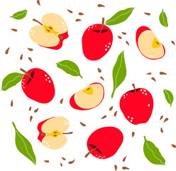 Red apples, apple slices, seeds and leaves on a white background. Vector drawing. - 441982633