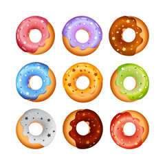 Glazed doughnuts collection with different decoration. Colorful sweet buns isolated in white background. Violet, yellow, brown, green, red, pink, blue topping confections for cafe or bakery.

