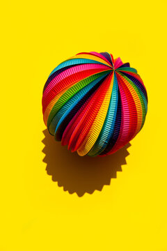 Rainbow Sphere on a bright yellow background, top view, close-up.