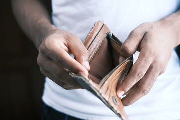 Man hand open an empty wallet with copy space.