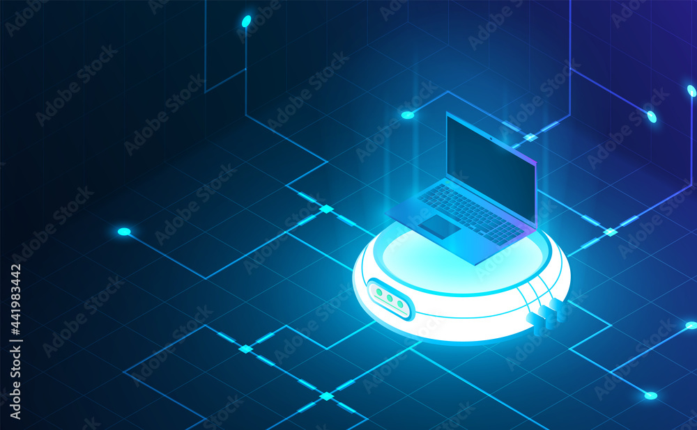 Poster futuristic laptop on reactor for power connection. complementary theme concept background.vector and