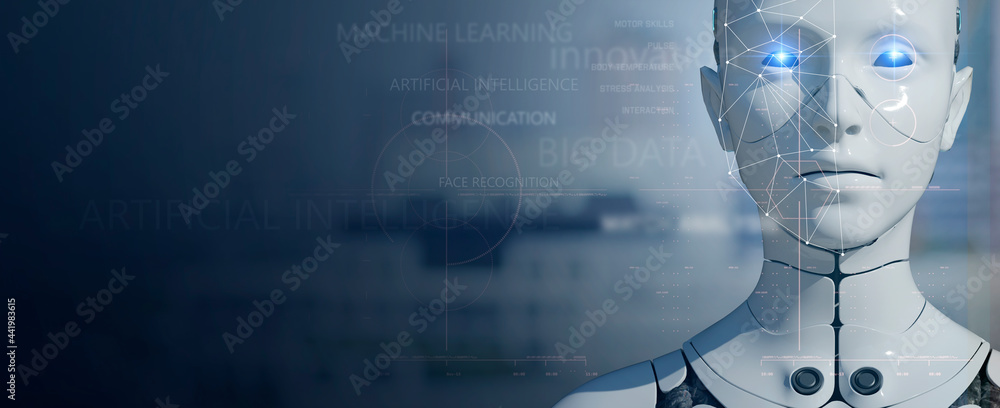 Wall mural humanoid robot face close-up futuristic modern tech chatbot assistance auto conversation background 