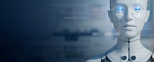 Fotobehang Humanoid robot face close-up futuristic modern tech chatbot assistance auto conversation background copy space. Future digital technology AI artificial intelligence concept. © DIgilife