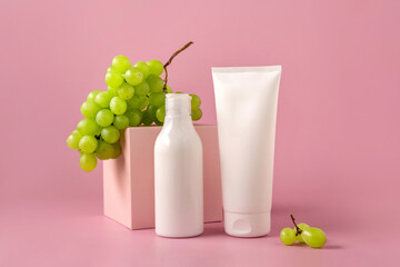 Mock up bottle for branding with grape seed oil on podium. Cosmetics packaging set. Skincare...
