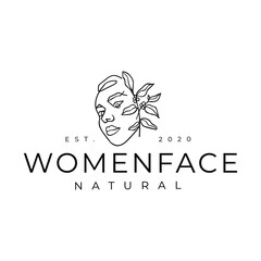 Woman Girl Female Face Abstract Line Art With Floral Leaves Logo Vector Illustration Template Icon Design