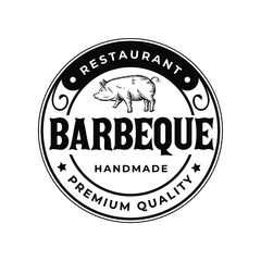 Vintage Barbeque Pig Restaurant Rustic Stamp Logo Vector Illustration Template Icon Design