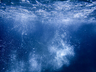Underwater bubbles, under the Mediterranean sea, very suitable landscape picture for backgrounds, blue background of underwater bubbles
