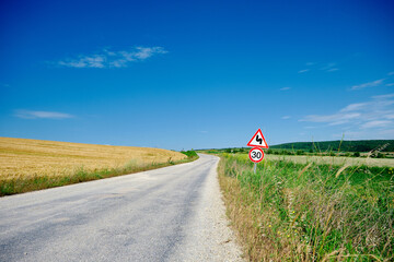 Gravel road and magnificent green grass and wheat field near the road with cloudy and open sky background. Road sign in next to road.