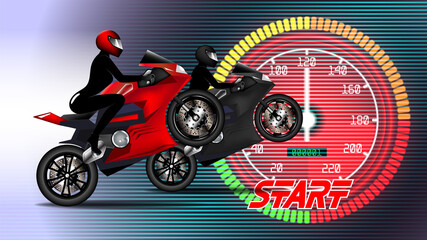 Ladies motorcycle racer in a black tight suit and a helmet. High-speed sportbikes on the background of a glowing red speedometer. Poster of race with word, start