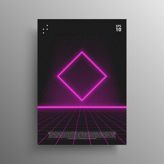 Synthwave poster. Glowing rhombus shape with laser perspective grid in starry space. Vivid layout for retrowave electronic music events. Design for poster, cover. Vector