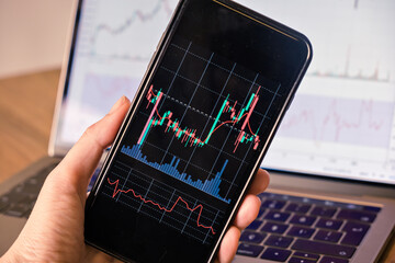 Close up n hand holding smart phone with candle graph for trade stock market investment crypto currency