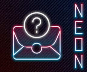Glowing neon line Envelope with question mark icon isolated on black background. Letter with question mark symbol. Send in request by email. Colorful outline concept. Vector