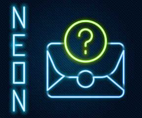 Glowing neon line Envelope with question mark icon isolated on black background. Letter with question mark symbol. Send in request by email. Colorful outline concept. Vector