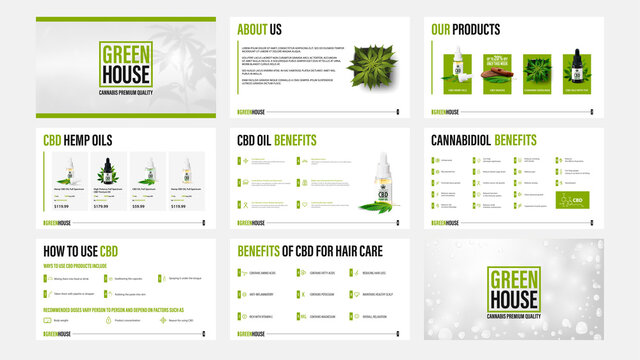 CBD oil products presentation templates with infographic elements.