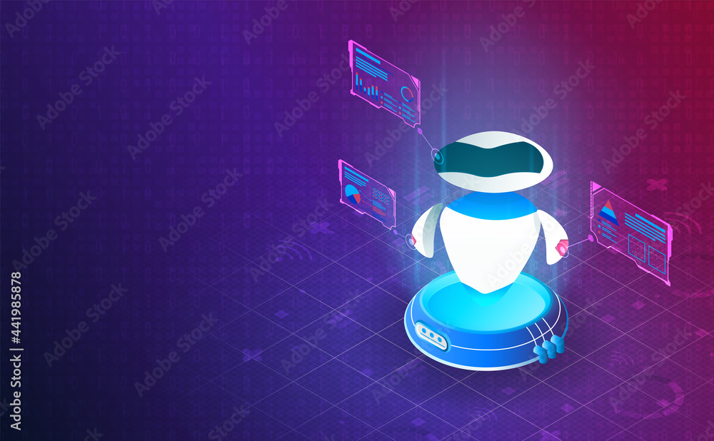 Poster isometric robotic on processor chip on system grid background. futuristic concept. vector and illust