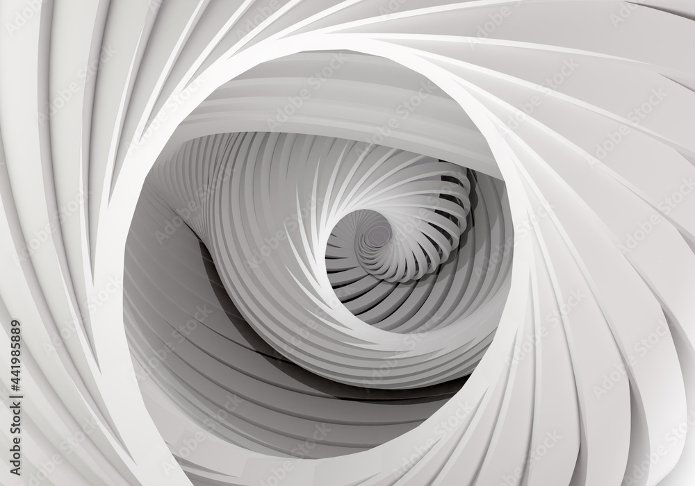 Poster white geometric background. background with endless staircase going down. patern with a spiral desce