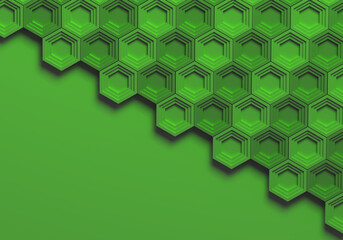 Background is green. Abstract background with hexagons. Abstraction geometry. Texture for site. Abstract 3d background. Wallpaper green. Hexagons of different sizes. Pattern simple. 3d visualization