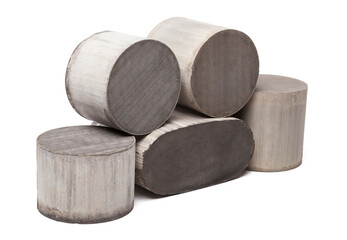 Processing and acceptance of non-ferrous metals. Six round and oval ceramic catalysts containing platinum, palladium and rhodium on a black background.