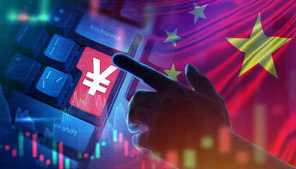 China investment in Japan. PRC Investment in Japanese Yen. China investment in Japanese government bonds. Financial cooperation between Japan and China. Man presses Yen logo on keyboard